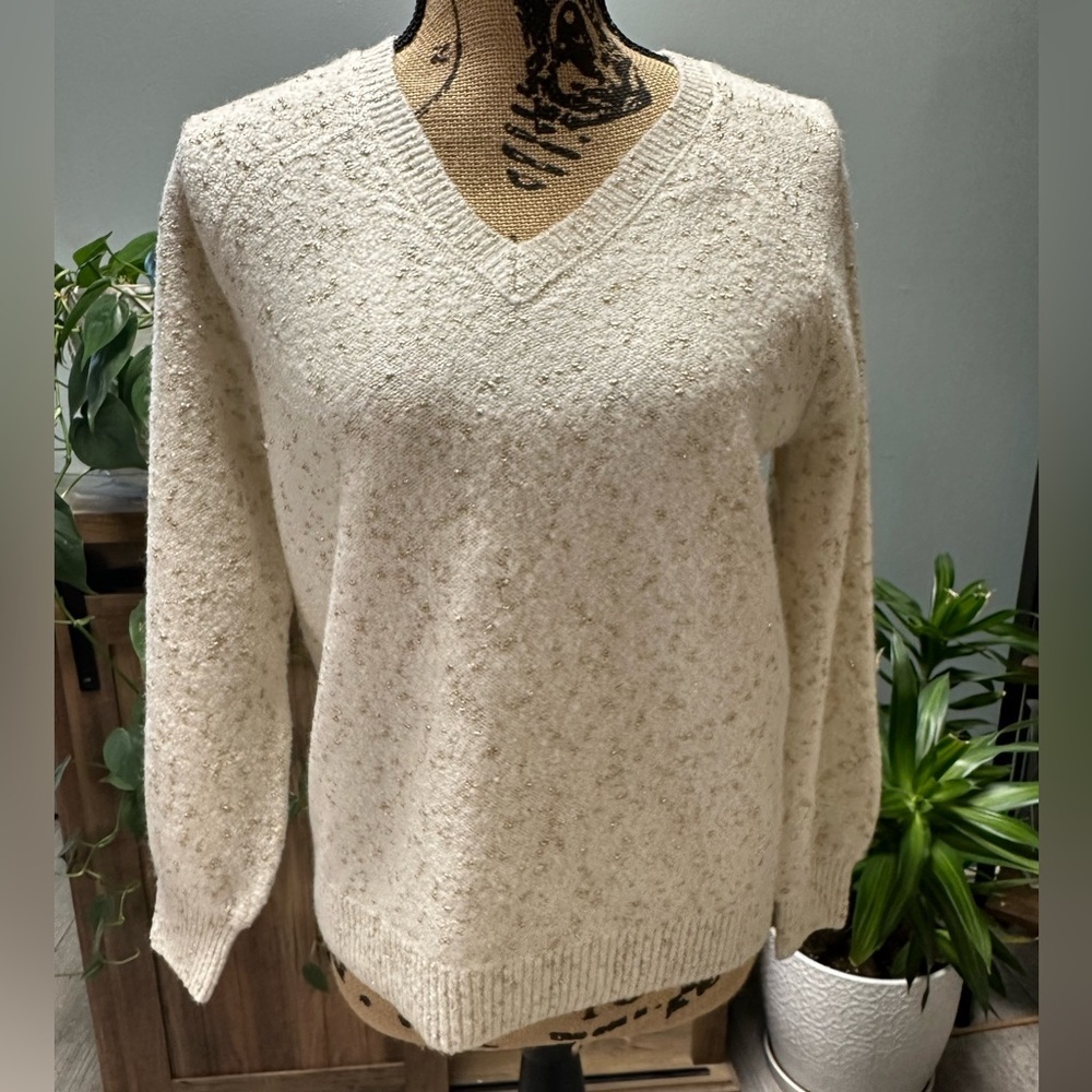 Loft V-Neck Cream Sweater with Gold Speckles. Size SP.